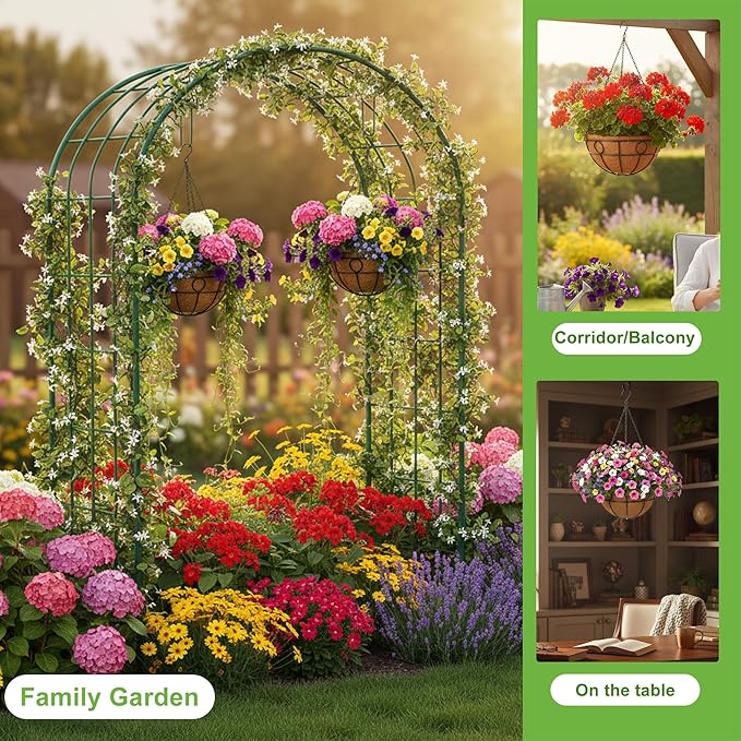Classic Round Wire Hanging Basket 4 Packs 14 Inch Deep Coco Liner Water-Absorbing All-Weather Garden Deck Hanging Planter with Chain Flower Pot