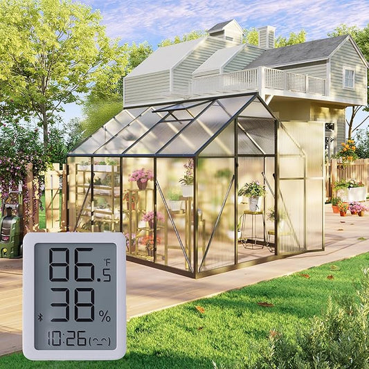 6x8 FT Garden Greenhouse with Hygrometer, Polycarbonate Greenhouse with Heavy Duty Aluminum Frame, Quick Setup Plant Gardening Green Houses for Outside with Lockable Door & Vented Roof Window