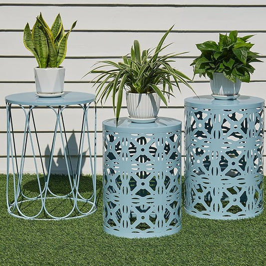 Y&M Set of 3 Stacking Coffee Table for Living Room, Patio Side Table,Indoor End Tables for Bedroom, Outdoor Decorative Garden Stool with Heavy Duty Metal Frame Modern Industrial Decor - Blue