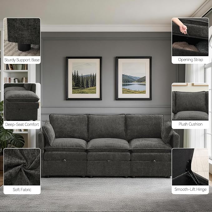80" Storage Modular Sectional Couch, Cloud 3-Seat Sofa with Chenille, Comfy Modern Couch with Hidden Storage for Living Room, Apartment, Spacious, Dark Grey