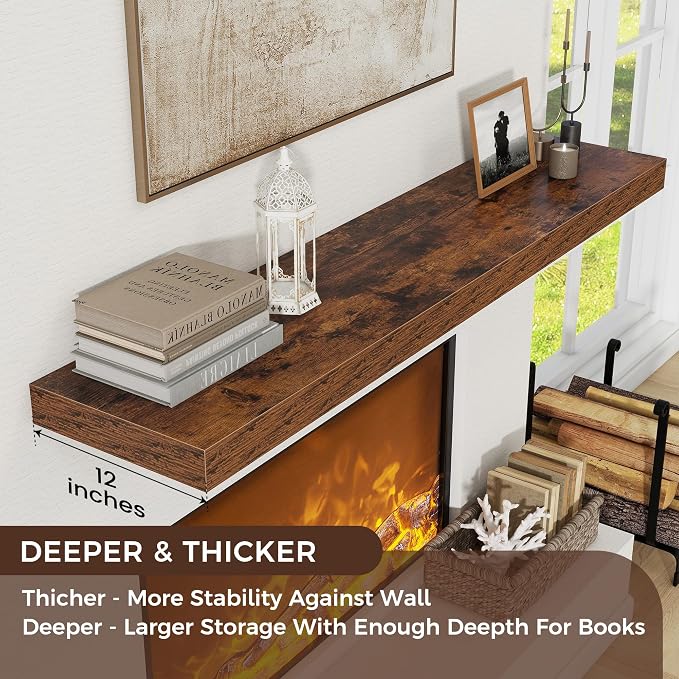 48 Inch Floating Shelves for Wall, 12"D Wood Storage Shelves, Brown Finish