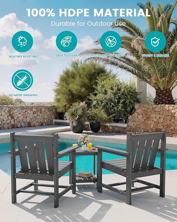 SEWRWALL Patio Furniture Set, HDPE Material All Weather Use Adirondack Chair Set with Side Table for Balcony, Porch, Garden, Backyard- Gray