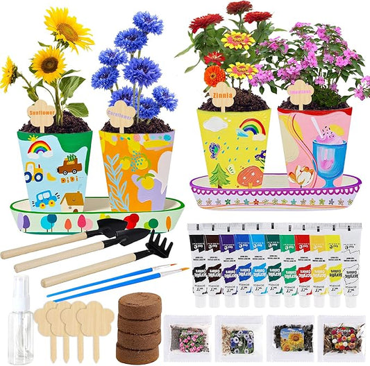Paint & Plant Flower Growing Kit, Complete Gardening Set with 4 Ceramic Pots, Soils, Seeds and Other Tools, Ideal for Educational Arts and Crafts DIY Gift