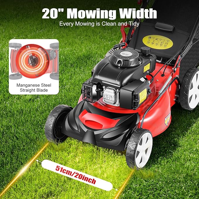 Gas Lawn Mower, 5HP 140CC 4-Stroke Self Propelled Gas Lawn Mower 2800RPM High Speed Gas Powered Weed Sweeping Machine with 20-Inch Cutting Width, 8 Gears Height Adjustable Lawn Mower for Garden Lawn