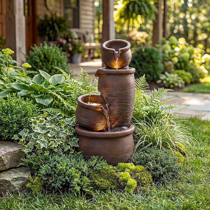 24-Inch Outdoor Water Fountain, 4-Tier Cascading Crocks Resin Garden Waterfall Fountain, with 3 Warm LED Lights, Home Art Decor for Patio, Backyard, Deck, Porch, Farmhouse or Lawn in Brown