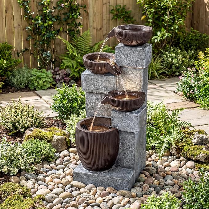 Giantex 32'' Water Fountain Outdoor, 4-Tier Cascading Bowls Waterfall Fountain with Warm LED Lights & Pump, Outside Zen Water Feature for Patio, Balcony, Deck, Garden, Yard Decor