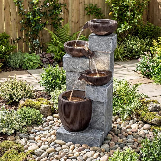 Giantex 32'' Water Fountain Outdoor, 4-Tier Cascading Bowls Waterfall Fountain with Warm LED Lights & Pump, Outside Zen Water Feature for Patio, Balcony, Deck, Garden, Yard Decor