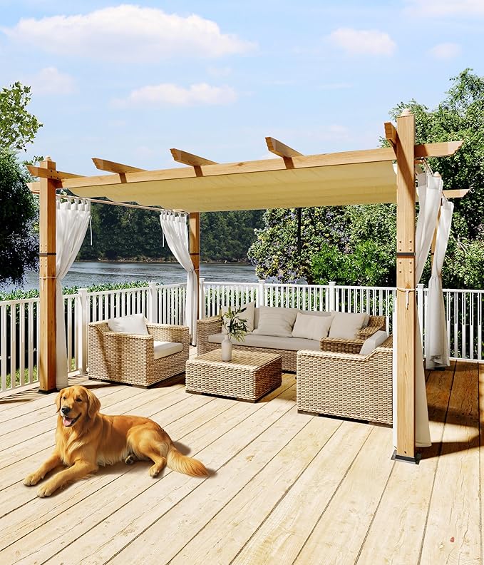 GarveeLife 10 x 13 ft Wood Grain Pergola Outdoor Gazebos with Canopy Sun Shade Shelter for Garden Patio Backyard Deck - Beige with Netting
