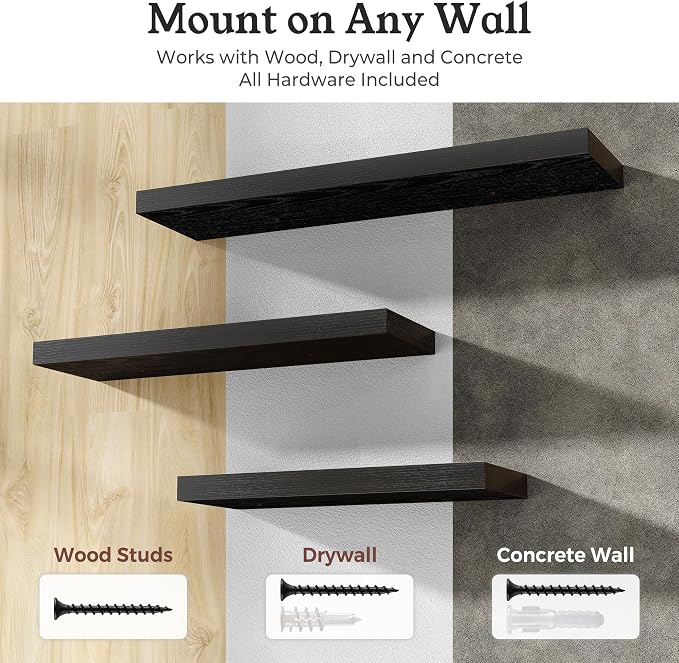 48" Black Floating Shelves Wood Wall Shelf, Black Color, Set of 1 | Wall Mounted Wood Shelves, For Bathroom, Bedroom, Living Room, Kitchen, Hanging Shelf for Books/Storage/Room Décor