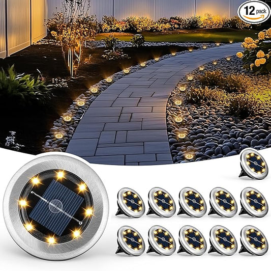 PATIOWIN Mini Solar Ground Lights, 12 Pack Solar Garden Lights, Solar Powered Pathway Lights Warterproof, Outdoor Lights for Driveway, Walkway, Backyard, Patio (Warm White)