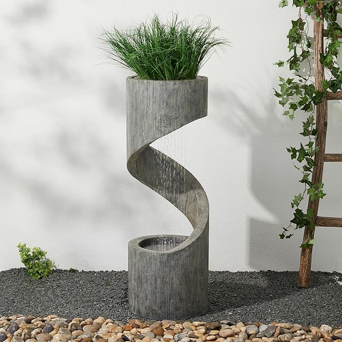 Glitzhome Outdoor Water Fountain, 40" H Polyresin Outdoor Fountain Spiral Shaped Waterfall Fountain with Pump and LED Lights, Modern Garden Fountain Water Feature for Patio, Backyard, Deck Decor