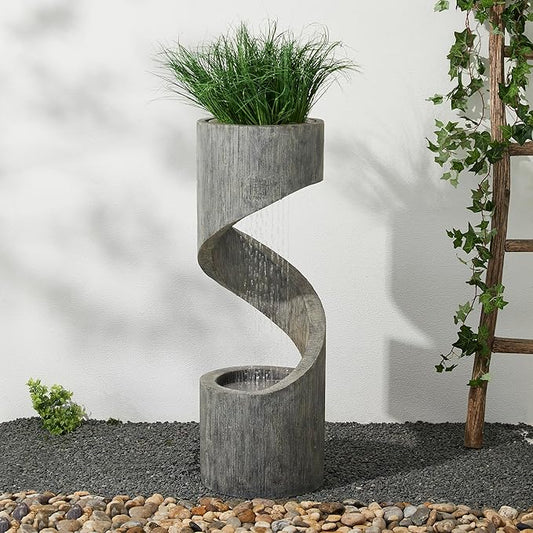 Glitzhome Outdoor Water Fountain, 40" H Polyresin Outdoor Fountain Spiral Shaped Waterfall Fountain with Pump and LED Lights, Modern Garden Fountain Water Feature for Patio, Backyard, Deck Decor