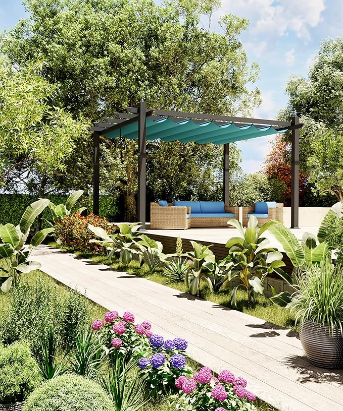 GarveeLife 10x13 ft Outdoor Pergola Metal Gazebo with Adjustable Canopy Reinforced Frame Outdoor Shelter for Backyard Garden Deck - Blue