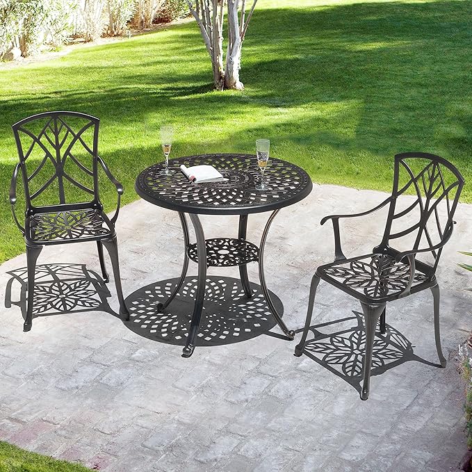 NUU GARDEN 31 Inch Patio Dining Table, Cast Aluminum Patio Table with Umbrella Hole, Round Outdoor Bistro Table for Backyard, Garden, Porch, Black with Antique Bronze Edging