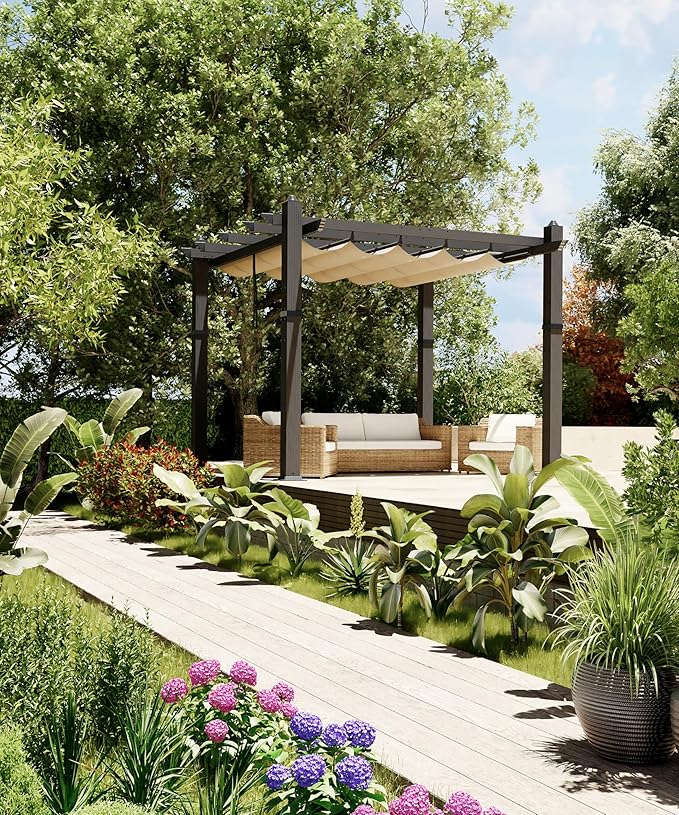 GarveeLife 10x10 ft Aluminum Pergola Outdoor Metal Gazebo with Adjustable Canopy Reinforced Frame Outdoor Shelter for Backyard Garden and Deck - Khaki