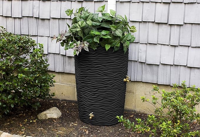 Good Ideas IMP-L50-BLK Impressions Palm Rain Barrel, 50-Gallon, Black