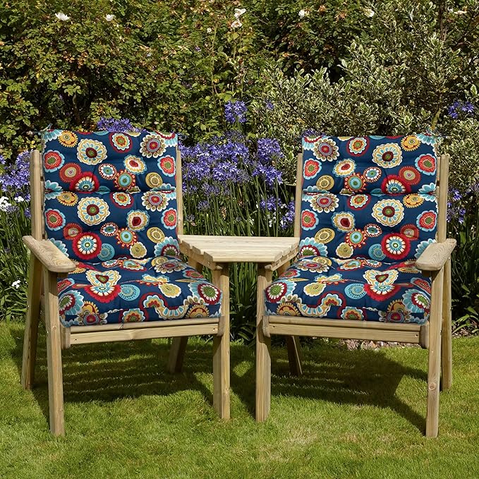 Magpie Fabrics Indoor Outdoor Tufted High Back Chair Cushion Set of 2, Waterproof All-Weather Deep Seating Rocking Chair Patio Chaise Lounge Sun Lounger Chair Cushions(Floral Navy)
