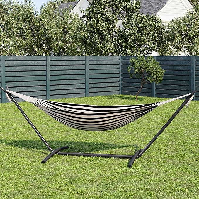 GarveeLife Double 2 Person Hammock, Indoor Outdoor Standing Hammock with Space Saving Steel Stand, Carry Bag, 450 LBS Weight Capacity, Suitable for Garden Camping Beach, Black