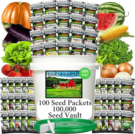 B&KM Farms 100,000+ Heirloom Survival Seed Kit | 50+ Non-GMO Vegetable & Fruit Varieties | 100 Seed Packets | 5-15 Year Food Storage | Weatherproof Bucket for A Sustainable, Self-Sufficient Garden