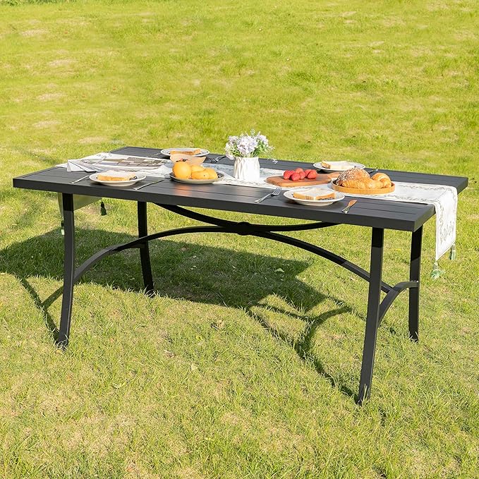 NUU GARDEN 63" Aluminum Slat Top Outdoor Patio Dining Table, 6-8 Person Rectangle Aluminum Bistro Table with 1.97" Umbrella Hole, Powder Coated Frame Dining Tables for Backyard Garden, Black