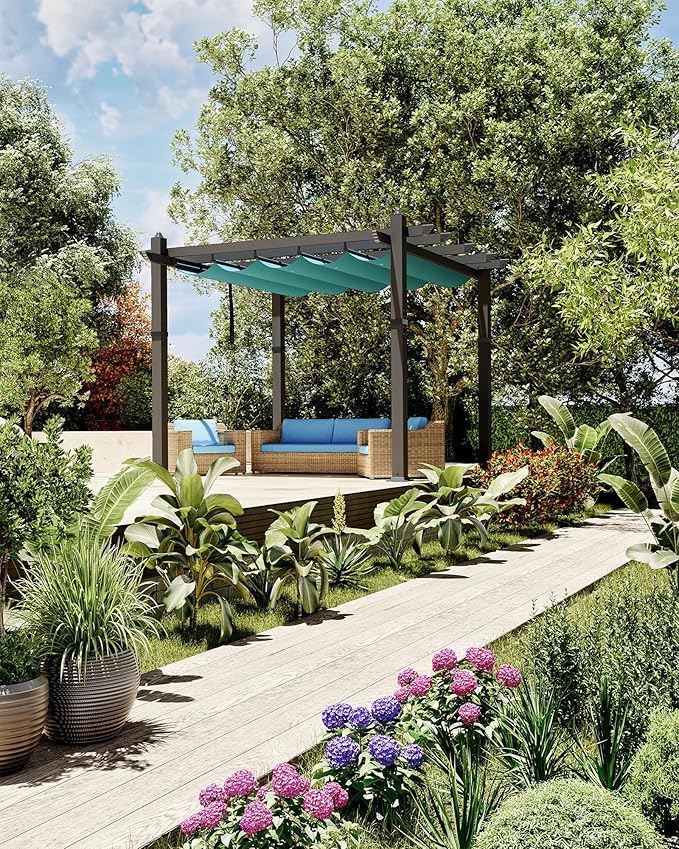 KYBOLT 10x10 Ft Outdoor Pergola Metal Gazebo with Retractable Canopy for Backyard Deck Patio Porch Grape Trellis(Blue)
