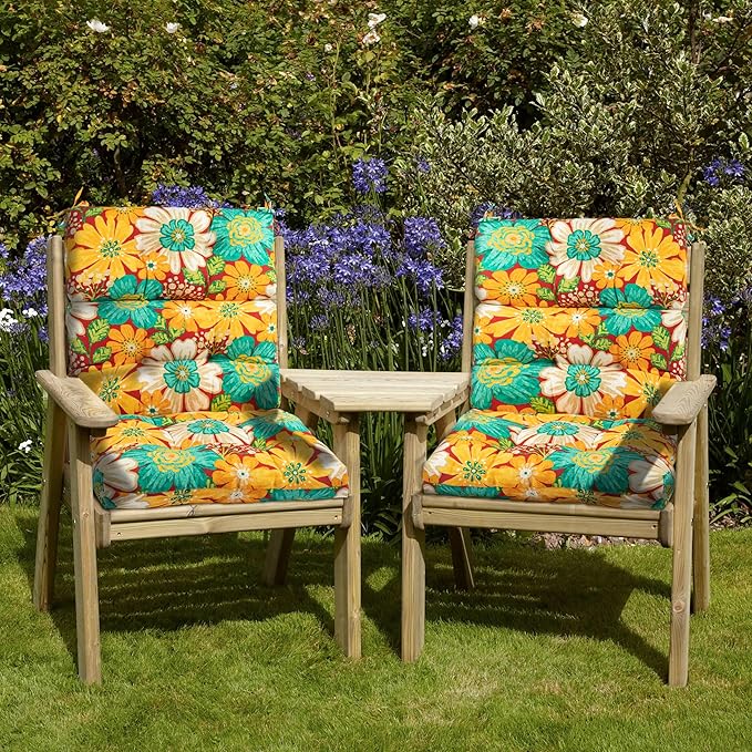 Magpie Fabrics Indoor Outdoor Tufted High Back Chair Cushion Set of 2, Waterproof All-Weather Deep Seating Rocking Chair Patio Chaise Lounge Sun Lounger Chair Cushions(Embry Red Hibiscus)