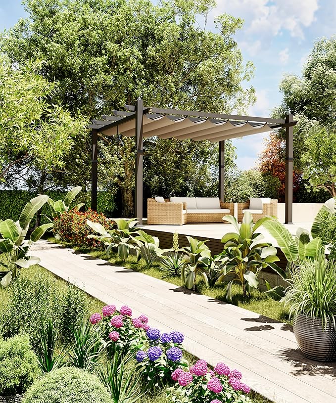 GarveeLife 10x13 ft Pergola Outdoor Metal Pergola with Adjustable Canopy Reinforced Frame Outdoor Shelter for Backyard Garden Deck - Khaki