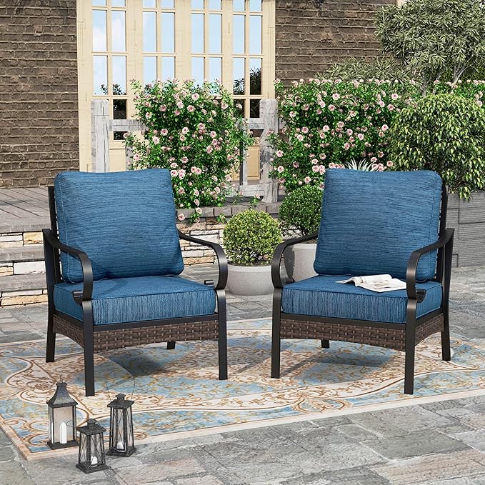 HERA'S HOUSE Patio Chairs Set of 2, High Back Outdoor Dining Chairs with Thick Cushions, All Weather Metal Frame Furniture for Garden, Backyard, Deck, Peacock Blue