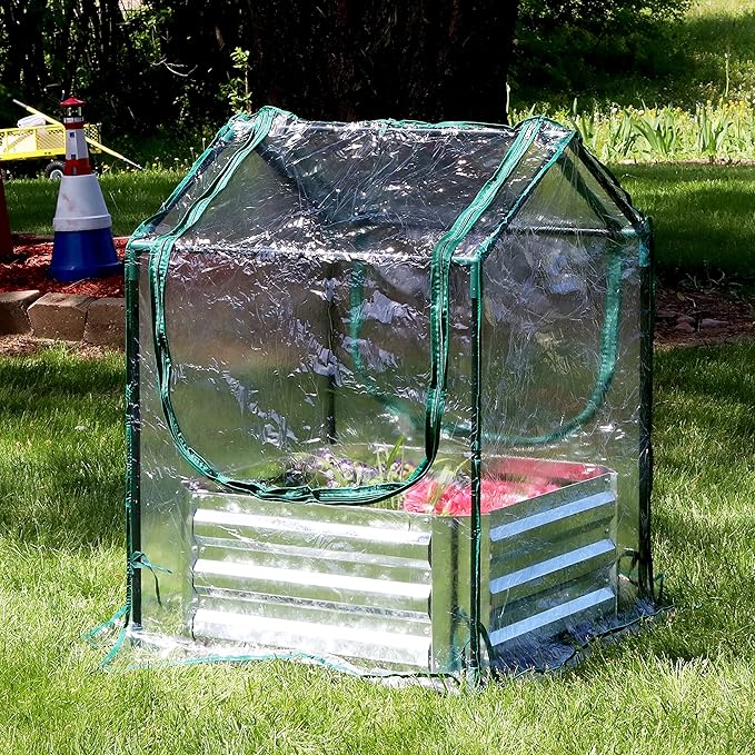 Sunnydaze Steel Raised Garden Bed with Mini Greenhouse - Outdoor Greenhouse Kit - 2 Zippered Doors - Clear - 2' x 2'