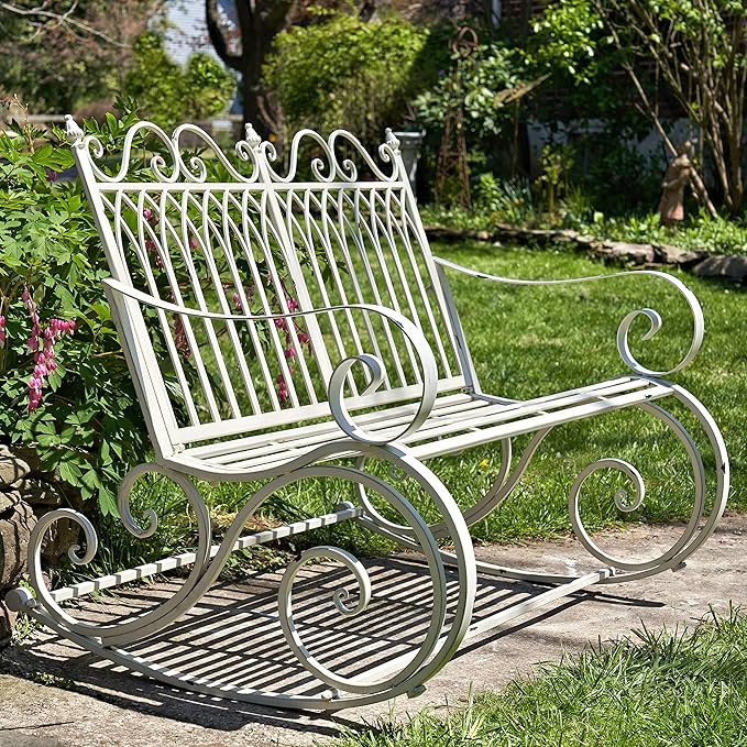 Zaer Ltd. Outdoor Metal Rocking Bench (Bench, Antique White)