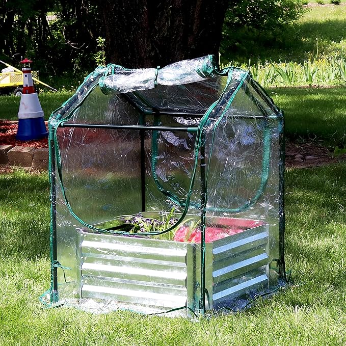 Sunnydaze Steel Raised Garden Bed with Mini Greenhouse - Outdoor Greenhouse Kit - 2 Zippered Doors - Clear - 2' x 2'