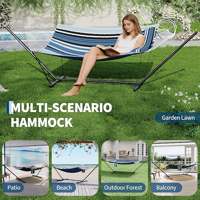 KYBOLT 2 Person Double Hammock with Stand & Pillow, 450 LBS Heavy Duty Outdoor Hammock with Balance Rope for Patio Backyard Poolside