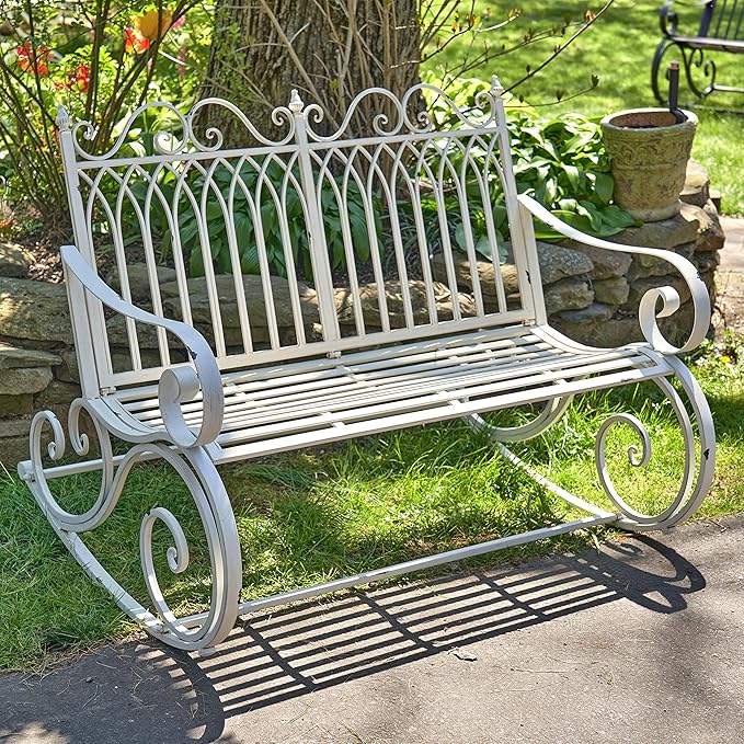 Zaer Ltd. Outdoor Metal Rocking Bench (Bench, Antique White)