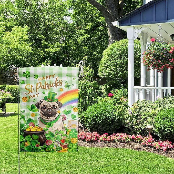 Pug St Patricks Day Garden Flag Dog St Patrick's Day Yard Flags for Outside 12x18 Double Sided Buffalo Plaid Shamrock Flag Small Outdoor Rainbow St Patrick's Decor