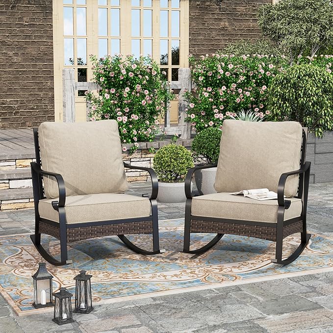 HERA'S HOUSE Patio Rocking Chairs Set of 2 with Thick Cushions, High Back Metal Outdoor Rockers, All Weather Garden Furniture for Backyard, Deck, Lawn, Beige