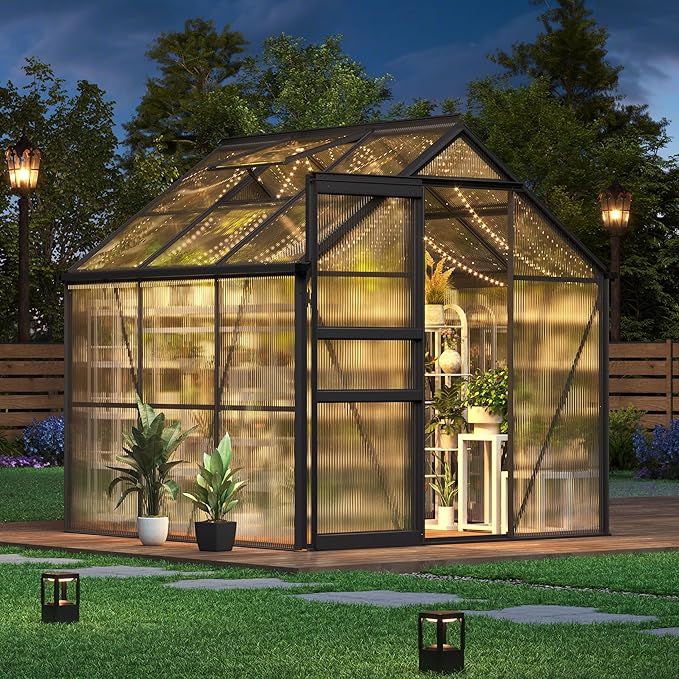 GarveeHome 6x6 FT Walk-in Polycarbonate Greenhouse - Heavy Duty Aluminum Frame with Base Kit, 4mm Double-Wall UV Protected Panels, 5-Position Adjustable Roof Vent & Sliding Door, Winter Plant House
