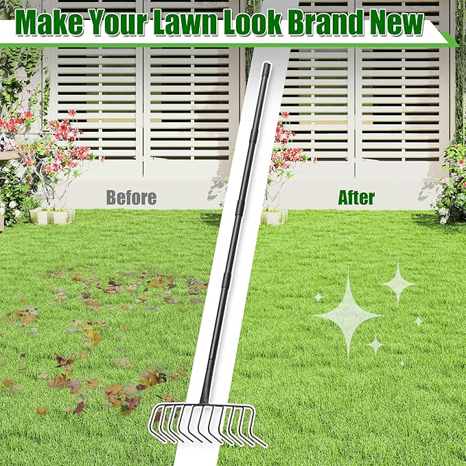Bow Rake, Thatch Rake for Lawn, 82" Heavy Duty Lawn Leveling Rake with 11 Stainless Steel Tines, Adjustable Long Handle Garden Tool for Loosening Soil, Cleaning the Leaves, Removing Thatch, Laying Sod