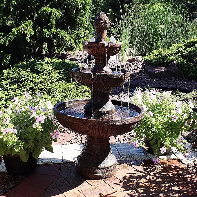 Sunnydaze Flower Blossom 43" Tiered Outdoor Water Fountain - 3-Tiered Outdoor Fountain for Garden, Patio, or Backyard - Earth Finish
