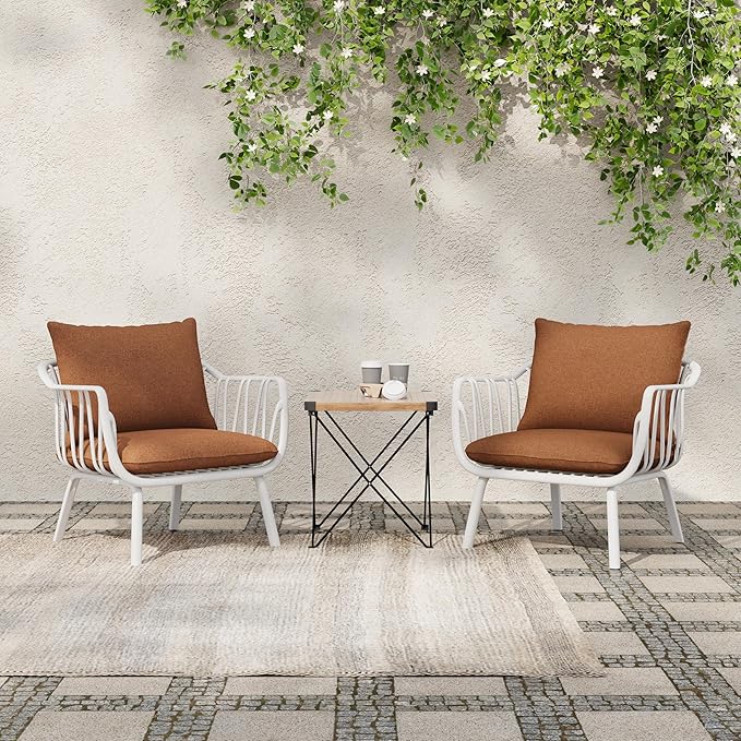 Christopher Knight Home Set of 2 Huron Indoor/Outdoor Polypropylene and Iron Frame Club Chairs, Patio Conversation Seating/Armchair for Garden, Backyard, Poolside, Removable Cushions, White+Brown