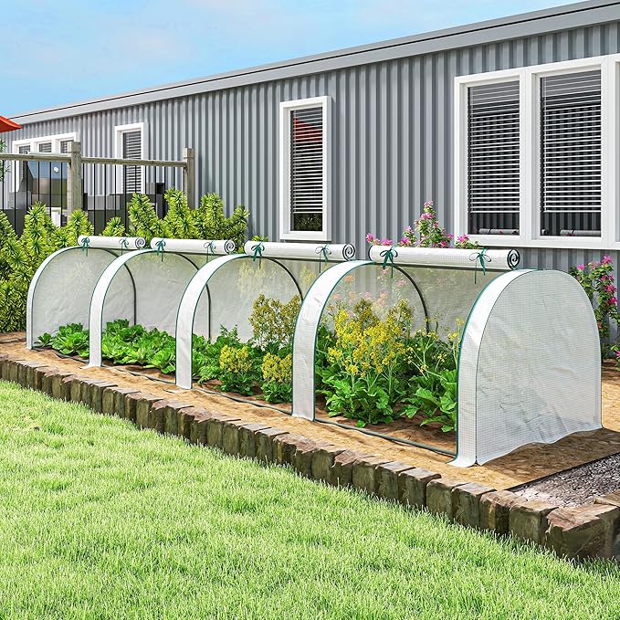 Outsunny Mini Greenhouse, 177.2" x 39.4" x 31.5" Portable Greenhouse with 4 Roll-Up Doors, PE Cover, Small Green House for Indoor Outdoor, White