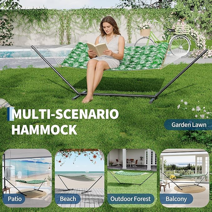 Garvee 2 Person Portable Double Hammock for Outdoor with Pillow, Heavy Duty Portable Hammock with Adjustable Steel Stand for Patio, Garden, Beach, Backyard