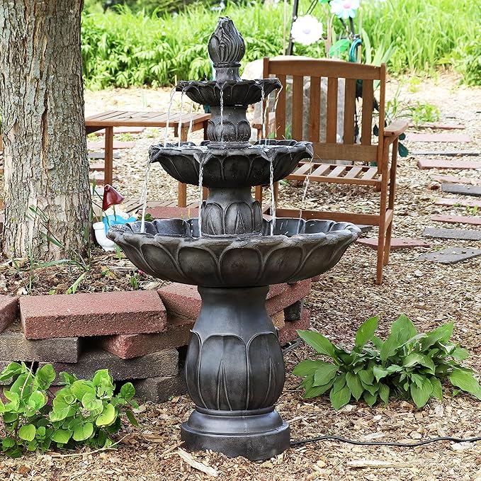 Sunnydaze Classic Tulip 46" Tiered Outdoor Water Fountain - 3-Tiered Outdoor Fountain for Garden, Patio, or Backyard - Dark Brown