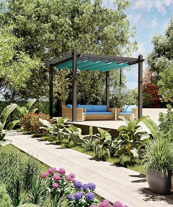 GarveeLife 10x10 ft Outdoor Pergola Metal Pergola with Adjustable Canopy Reinforced Frame Outdoor Shelter for Backyard Garden Deck - Blue