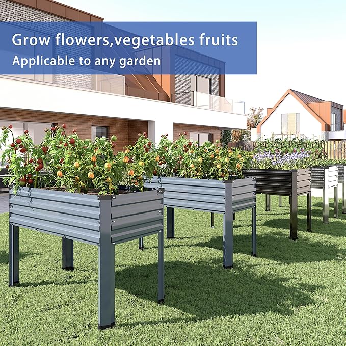 DIIYIV Galvanized Raised Garden Bed with Legs,48×18×30in Elevated Planter Box for Backyard,Outdoor Garden, Patio, Balcony, 300lb Capacity,Silver
