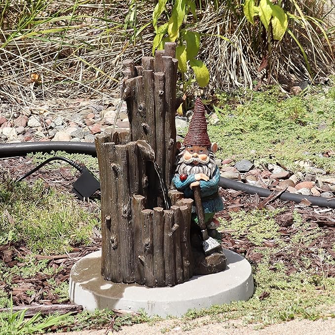 Sunnydaze Resting Gnome Outdoor Water Fountain with LED Light - Gnome Garden Fountain for Patio, Backyard or Deck - 17" High