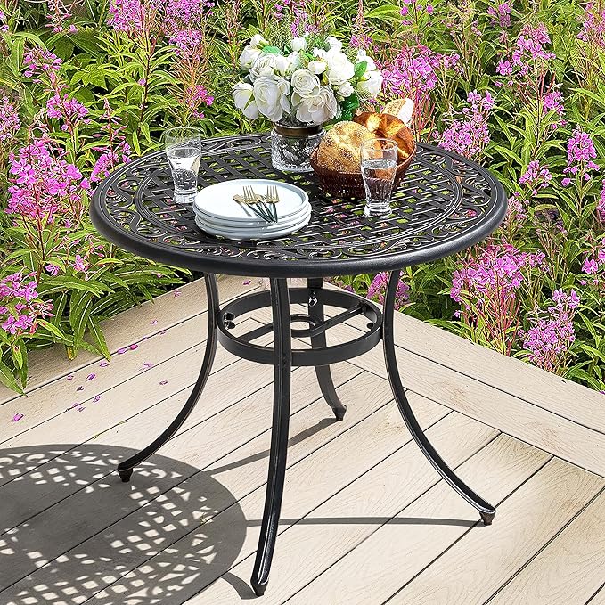 NUU GARDEN 35 Inch Patio Dining Table with Umbrella Hole, Outdoor Cast Aluminum Bistro Table, Black with Antique Bronze at The Edge