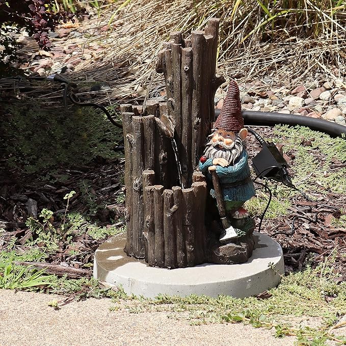 Sunnydaze Resting Gnome Outdoor Water Fountain with LED Light - Gnome Garden Fountain for Patio, Backyard or Deck - 17" High