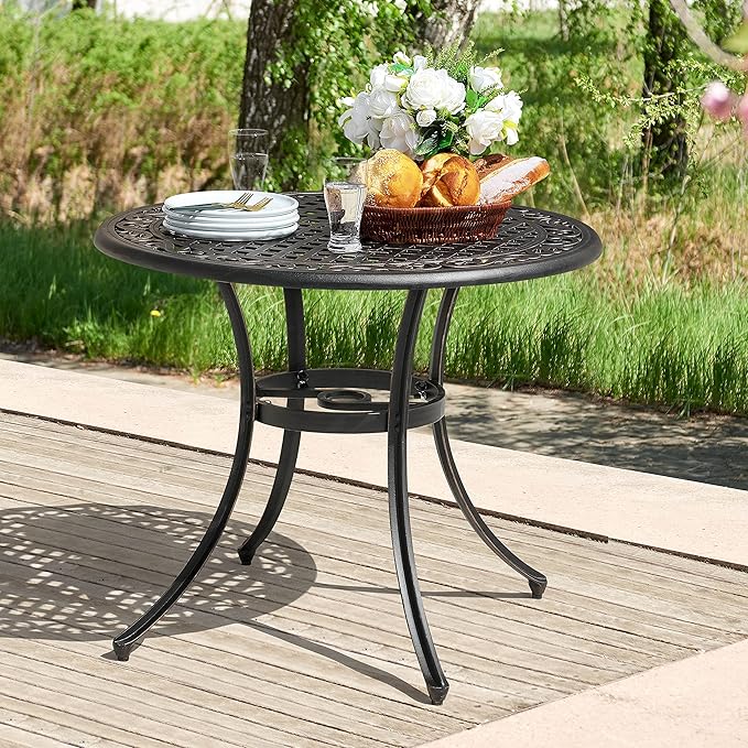 NUU GARDEN 35 Inch Patio Dining Table with Umbrella Hole, Outdoor Cast Aluminum Bistro Table, Black with Antique Bronze at The Edge