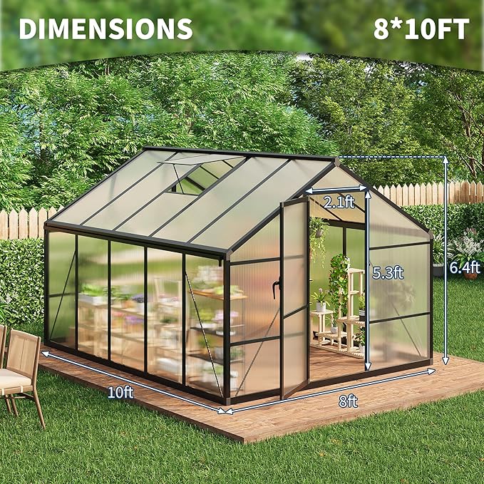 Garvee 8 x 10 ft Greenhouse, Greenhouses for Outside, Polycarbonate Greenhouse with Aluminum Frame, Lockable Door and Ajustable Roof Vent for Backyard, Green Houses for Outside Garden Backyard, Patio