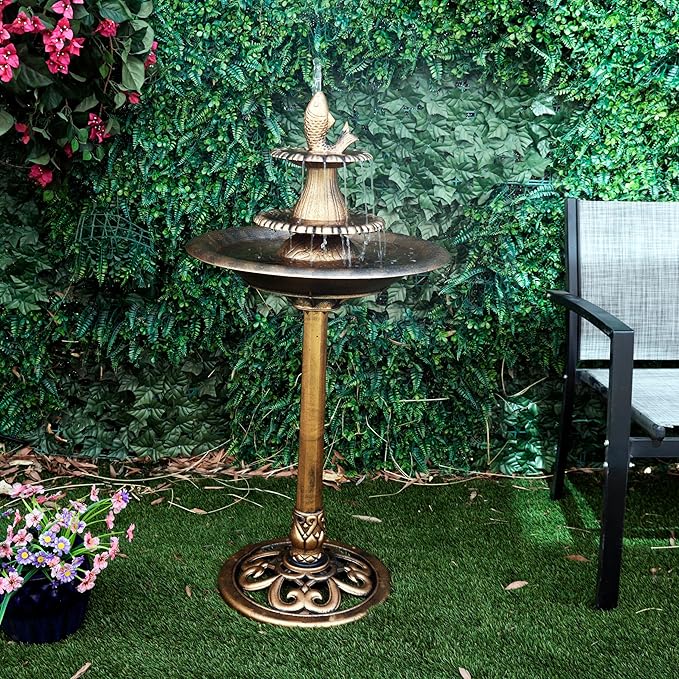 Alpine Corporation 40" Tiered Pedestal Fish Fountain Birdbath, Cascading Outdoor Water Feature for Garden, and Backyard Décor, Gold